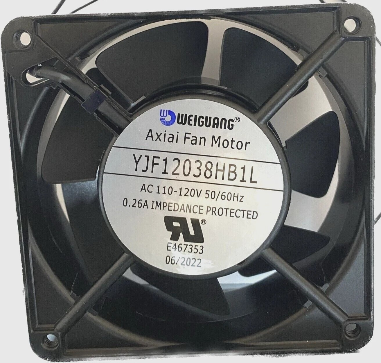 Weiguang Axial Fan Motor YJF12038HB1L, AC110-120V 60/60HZ 0.26A impedance protect(pic1) Weiguang Axial Fan Motor YJF12038HB1L, AC110-120V 60/60HZ 0.26A impedance protect(pic1)